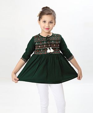 ISHTI Rayon Three Fourth Sleeves Abstract Embroidered Top - Bottle Green