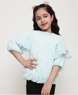 ISHTI Three Fourth Sleeves Lurex Striped Top - Sky Blue