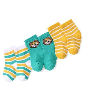 Cute Walk by Babyhug Ankle Length Antibacterial Knitted Striped & Lion Design Socks Pack Of 3 - Green & Yellow