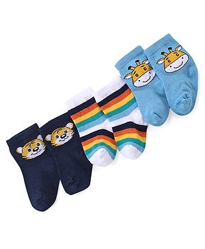 Cute Walk by Babyhug Ankle Length Antibacterial Knitted Striped & Lion Design Socks Pack Of 3 - Blue & White