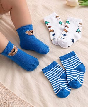 Cutewalk by Babyhug Cotton Lycra Anti-Bacterial Ankle Length Socks with Stripes & Teddy Bear Design Pack of 3 - Blue & White