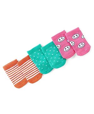 Cute Walk by Babyhug Knitted Anti-Bacterial Ankle Length Striped & Polka Dots Designed Socks Pack of 3 - Pink Green & Orange