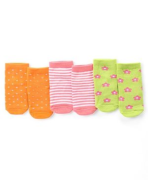 Cute Walk by Babyhug Ankle Length Antibacterial Knitted Striped Polka Dots & Floral Design Socks Pack Of 3 - Orange Pink & Green