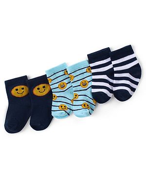 Cute Walk by Babyhug Ankle Length Antibacterial Knitted Striped & Smiley Design Socks Pack Of 3 - Blue