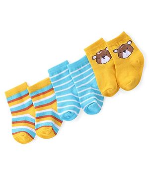Cute Walk by Babyhug Ankle Length Antibacterial Knitted Striped & Bear Design Socks Pack Of 3 - Blue & Yellow
