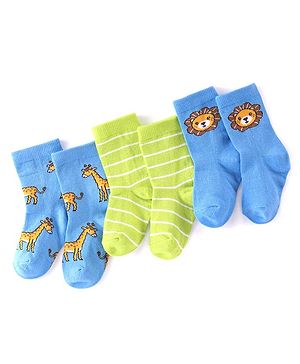 Cutewalk By Babyhug Anti Bacterial Ankle Length Striped & Animal Design Socks Pack of 3 - Blue & Green