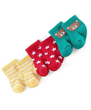 Cutewalk by Babyhug Anti-Bacterial Ankle Length Socks Bear & Star Print Pack of 3 - Multicolour