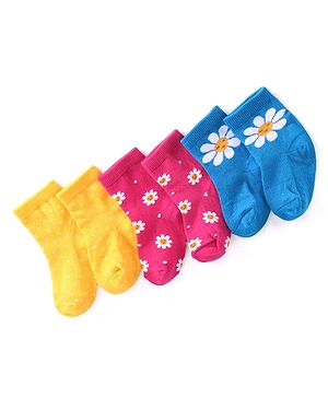 Cutewalk By Babyhug Anti Bacterial Ankle Length Floral & Polka Dots Design Socks Pack of 3 - Blue Yellow & Pink