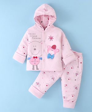 Child World Quilted Cotton Full Sleeves Hooded Winter Wear Suit With Teddy Bears Print - Pink