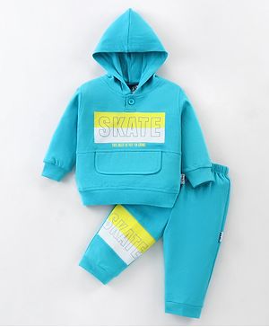 Child World Interlock Knit Full Sleeves Hooded T-Shirt & Lounge Pants Set With Text Print - Light Blue