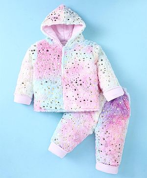 Child World Quilted Knit Full Sleeves Winter Wear Foil Star Printed Hooded T-Shirt & Joggers Set - Pink