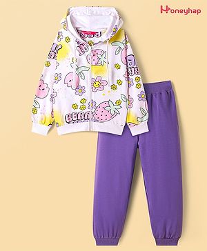 Honeyhap Premium 100% Cotton Knit Full Sleeves Hooded  Winter Wear Suit with Bio Finish Floral & Strawberry Print - Bright White &  Prism Violet