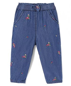 Babyhug 100% Cotton Full Length Denim Joggers with Floral Embroidery & Bow Applique - Blue