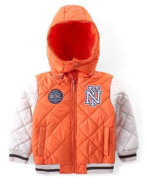 Babyhug Woven Full Sleeves Padded Hooded Jacket With Text Detailing - Orange
