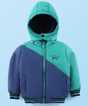 Babyhug Woven Full Sleeves Padded Hooded Jacket With Cut & Sew Design & Text Detailing - Teal Blue
