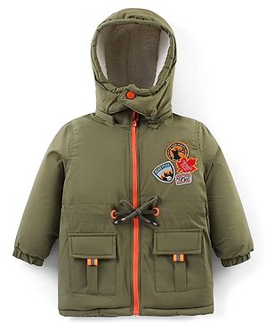 Babyhug Woven Full Sleeves Solid Jacket with Detachable Hood & Patch Detailing - Olive Green