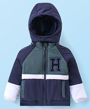 Babyhug Woven Full Raglan Sleeves Front Open Padded Hoooded Jacket With Detachable Hood Colour Block Design & Patch Detailing - Navy Blue