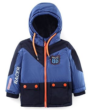 Babyhug Woven Full Sleeves Front Open Color Block Padded Hooded Jacket- Navy Blue