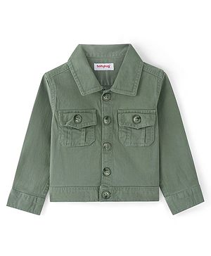 Babyhug Twill Woven Full Sleeves Collar Neck Washed Denim Jacket - Olive Green