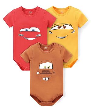 Babyhug Disney Interlock Knit Half Sleeve Onesies with Car Graphics Pack of 3- Red Yellow & Brown