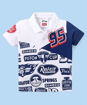 Babyhug Disney Cotton Knit Half Sleeves Polo T-Shirt with Cars Graphics - Navy Blue & White