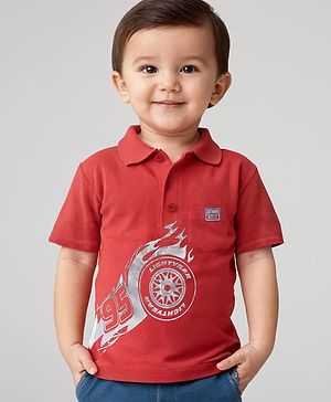 Babyhug Disney Cotton Knit Polo Neck T-Shirt With Cars Foil Print-Red
