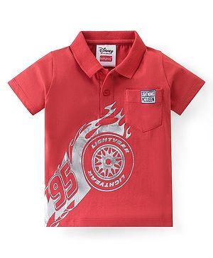 Babyhug Disney Cotton Knit Polo Neck T-Shirt With Cars Foil Print-Red