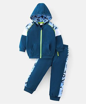 Babyhug Cotton Knit Raglan Sleeves Hooded T-Shirt & Lounge Pants Set With Camouflage Detail - Blue