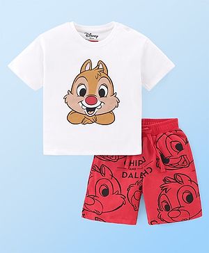 Babyhug Disney Cotton Knit Half Sleeves T-Shirt & Shorts Set With Chip n Dale Graphics - Red & White