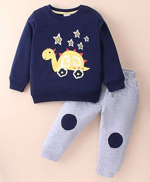 Kookie Kids Cotton Knit Full Sleeves Winter Wear Suit With Dino Patch - Navy & Grey