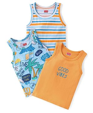Babyhug 100% Cotton Knit Sleeveless Sando With Stripes & Beach Theme Print Pack of 3 - Multicolor