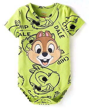 Babyhug Disney Interlock Knit Half Sleeves Onesie with Chip N Dale Print - Lime Green