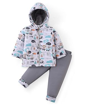 Babyhug Full Sleeves Front Zipper Hooded Winter Wear Suit With Animals Print - Grey