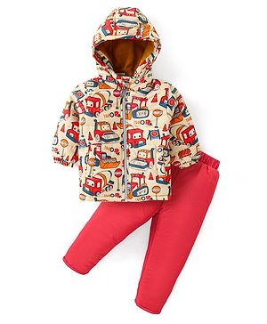 Babyhug Full Sleeves Hooded Winter Wear Suit With Vehicles Print - Mustard