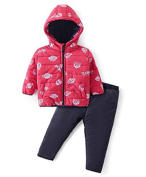 Babyhug Woven Full Sleeves Hooded Winter Wear Suit With Varsity Print - Red
