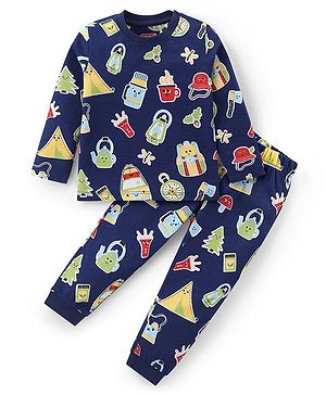 Babyhug Cotton Knit Full Sleeves Night Suit with Cartoon Print - Navy Blue