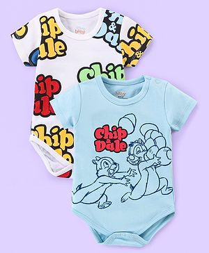 Babyhug Disney Interlock Knit Half Sleeves Onesies With Chip'n Dale Graphics Pack of 2 - White & Sky Blue