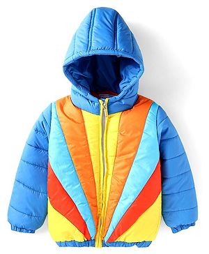 Babyhug Woven Full Sleeves Padded Hooded Jacket with Cut & Sew Design - Blue
