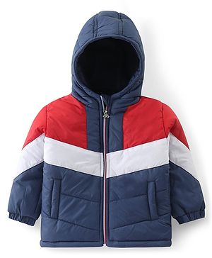 Babyhug Woven Full Sleeves Color Block Padded Hooded Jacket- Red & Navy Blue