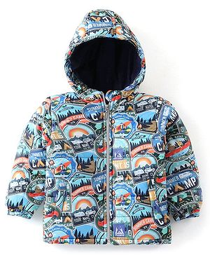 Babyhug Woven Full Sleeves Padded Hooded Jacket with Scenery Print - Multicolour
