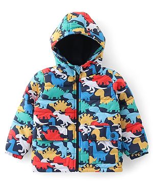 Babyhug Woven Full Sleeves Padded Hooded Jacket With Dino Print- Multicolor