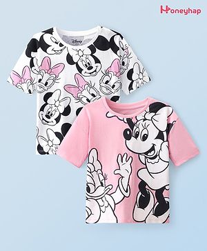 Honeyhap Disney Cotton Knit  Half Sleeves T-Shirts with Minnie Mouse Print Pack of 2 - White & Pink