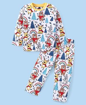 Babyhug Cotton Knit Full Sleeves Night Suit with Animal Print - White