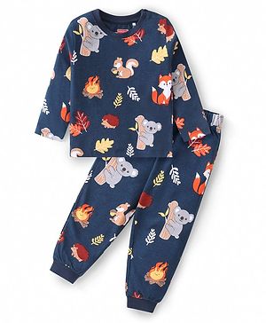 Babyhug Cotton Knit Full Sleeves Night Suit with Animal Print - Navy Blue