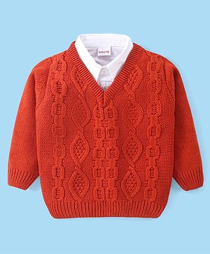 Babyhug Knitted Full Sleeves Collar Neck Pullover Sweater With Cable Knit Design - Rust