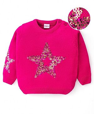 Babyhug Knitted Full Sleeves Pullover Sweater with Sequin Star Design - Fuchsia