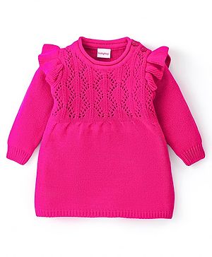 Babyhug Knitted Full Sleeves Pullover Sweater Dress with Crochet Design & Frill Detailing - Fuchsia
