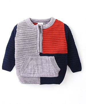 Babyhug Knitted Full Sleeves Pullover Sweater with Colour Block Design & Kangaroo Pocket - Multicolour