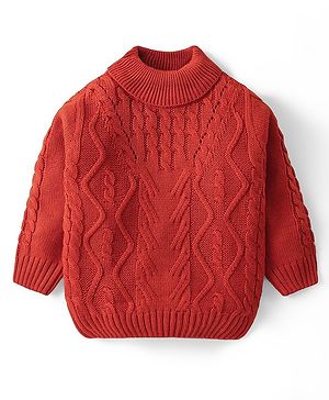 Babyhug Knit Full Sleeves Turtle Neck Sweater With Cable Knit Design - Rust