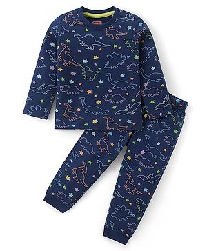 Babyhug Cotton Knit Full Sleeves Night Suit with Dino Print - Navy Blue